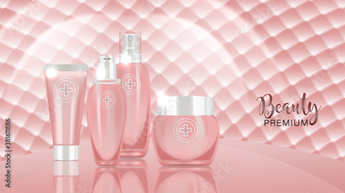 Beauty product ad design, pink cosmetic containers with pink background ready to use, luxury skin care banner, illustration vector.	