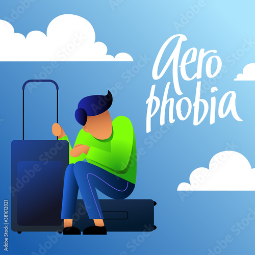 A vector image of a man with suitcases having an aerophobia. A passenger being nervous and in a stress. A color image for a travel poster, flyer or article.