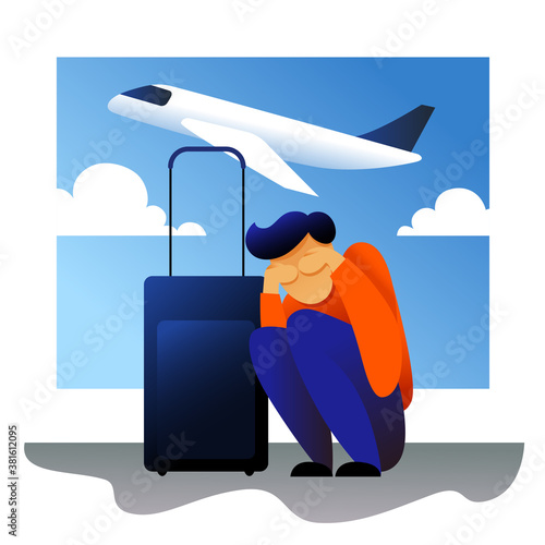 A vector image of a man with suitcases having an aerophobia. A passenger being nervous and in a stress. A color image for a travel poster, flyer or article.