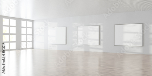 art gallery wall with empty picture frames and copy space to add your content 3d rendering illustration