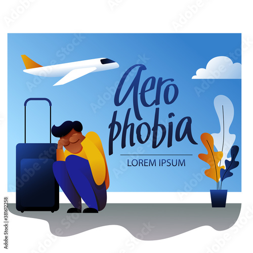A vector image of a man with suitcases having an aerophobia. A passenger being nervous and in a stress. A color image for a travel poster, flyer or article.