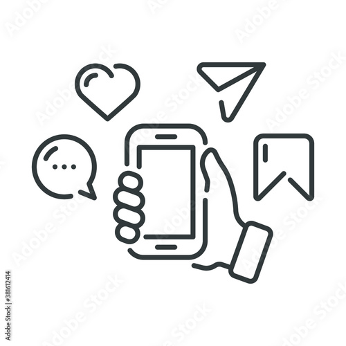 Social media on mobile phone icon. Comment, like, share, bookmark, chat message, business concept, thin line web symbol on white background - vector illustration eps 10