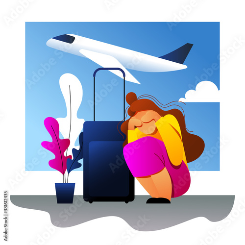 A vector image of a woman having an aerophobia. A passenger being nervous and in a stress. A color image for a travel poster, flyer or article.