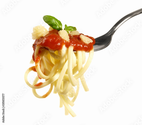 Noodles with Tomato Sauce and Parmesan Cheese on a Fork - Isolated