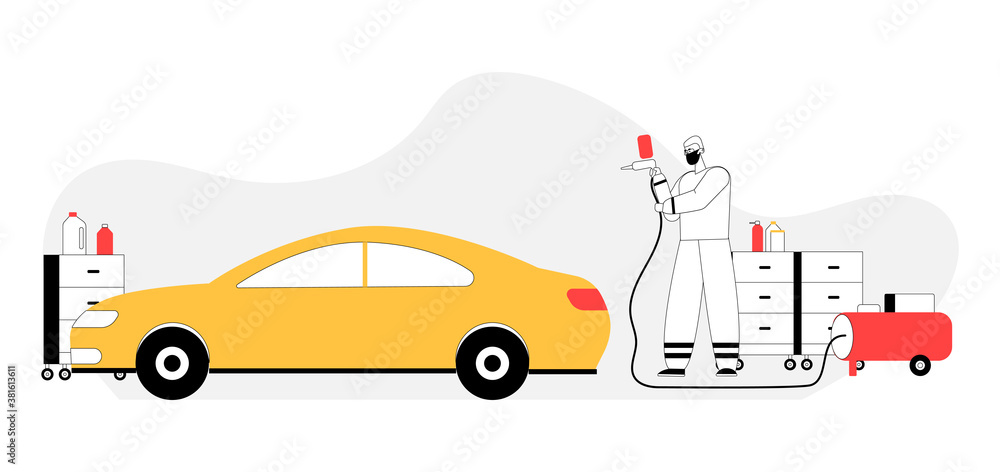 Naklejka premium Car airbrush painting service concept. Auto mechanic with paint spraying gu