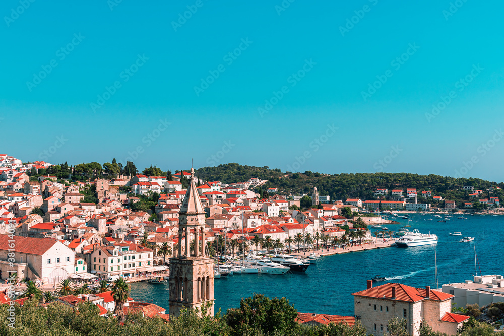 Aerial view of Hvar town on the island, Croatia.
