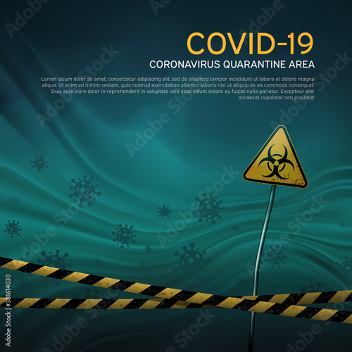 Layout of the quarantine area of coronavirus epidemic covid-19. Pandemic covid-19. Epidemic barrage lines. Coronavirus quarantine warning tapes and biohazard sign. Vector grunge template