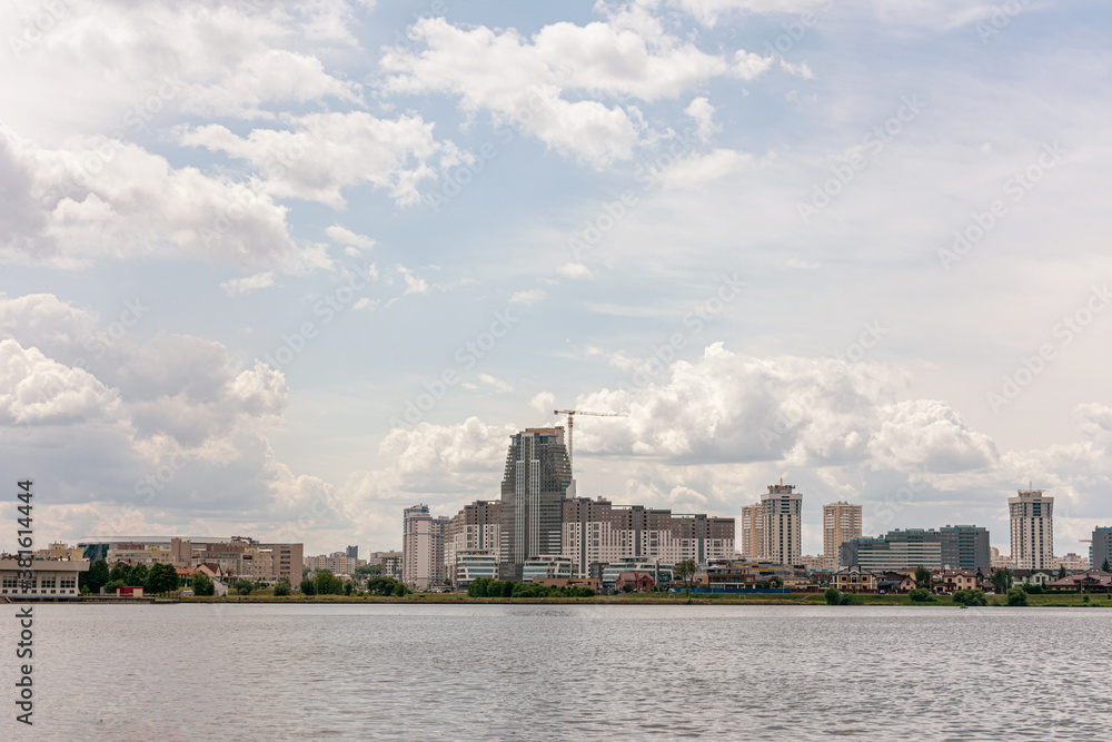 Minsk, apartment buildings, Komsomol lake, Minsk, copy space, horizontal