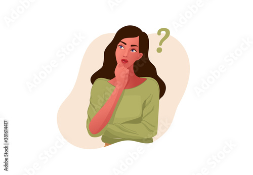 Thinking girl. Beautiful face, doubts, problems, thoughts, emotions. Curious woman questioning, question mark. Vector illustration
