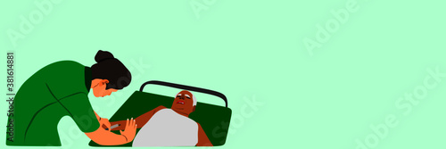 An indian lady doctor cartoon injecting old man patient at general ward in light color background.