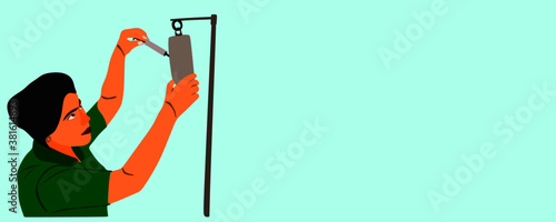 An indian female doctor cartoon injecting medicine on glucose bottle isolated on blue color background.