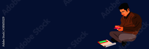 An indian small micro finance bank male staff cartoon counting bank note during microfinance small finance group loan procedure, on green background.