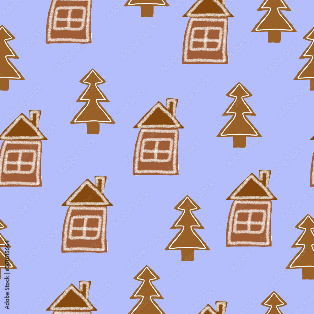 Christmas seamless pattern with gingerbread cookies on a blue background 
