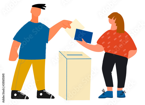 Casting ballot at polling station. Man and woman putting ballot papers in the box. Voting and election concept. Vector illustration in flat style
