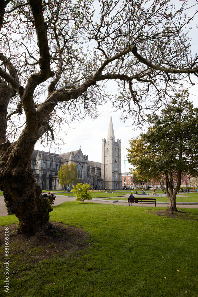 St Patrick's Cathedral spire and St Patrick's Park in Dublin City, Ireland