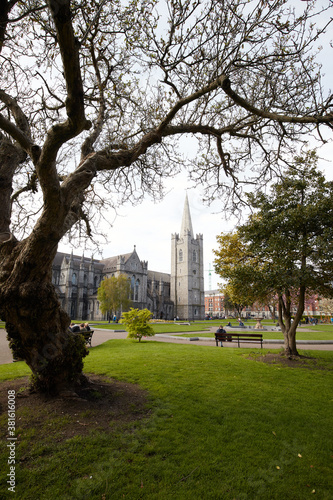 Obraz na płótnie St Patrick's Cathedral spire and St Patrick's Park in Dublin City, Ireland w salonie