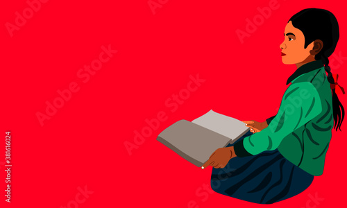 An indian village girl cartoon reading text book alone on pink background abstract art for educational concept.