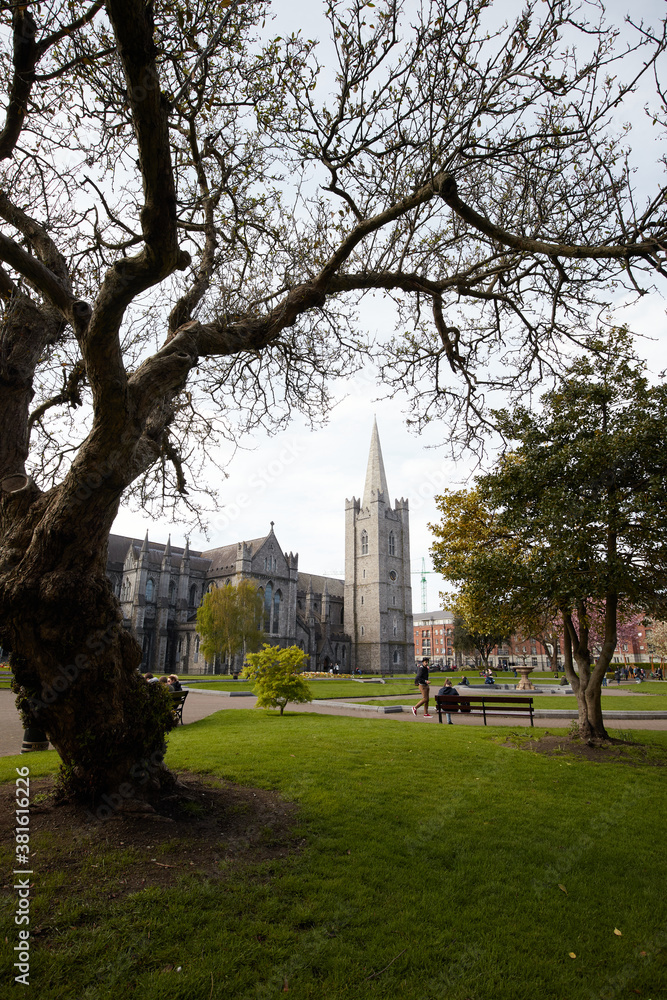 St Patrick's Cathedral spire and St Patrick's Park in Dublin City, Ireland