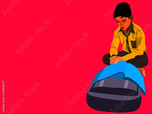 An indian boy cartoon reading text book sitting with school bag alone on yellow background abstract art for educational concept.