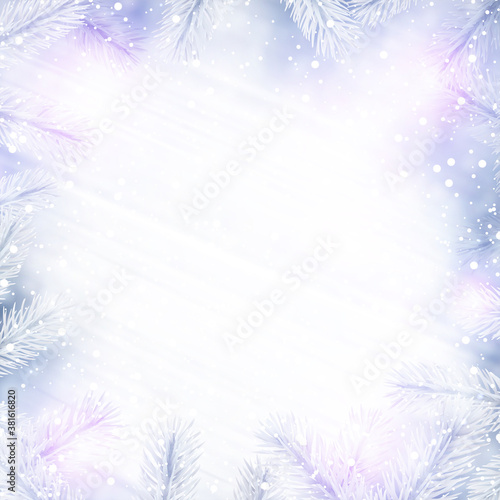 Pastel colors brush strokes background with spruce branches.