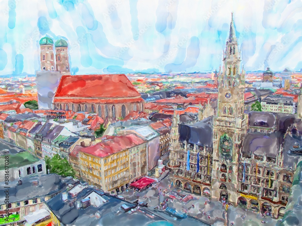 Naklejka premium Watercolor illustration of Marienplatz in Munich cityscape. Aerial View.