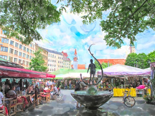 Watercolor illustration of Munich Viktualienmarkt. People on market. photo