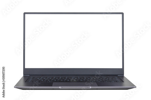 white mock up on laptop screen isolated on white background close up front view