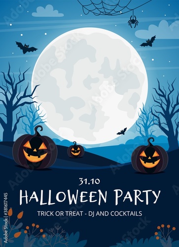 Halloween party flyer template with full moon and pumpkins
