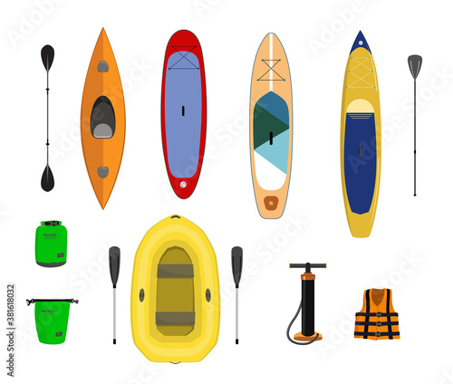 Set of boats and gear for rafting: Paddle boards, kayak and inflatable boat isolated illustration.