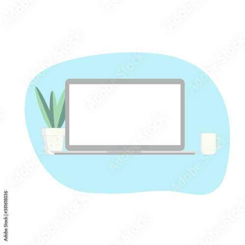 Open laptop with white blank screen potted houseplant cup of coffee on desk on blue background. Freelance distant job online education homeschooling concept