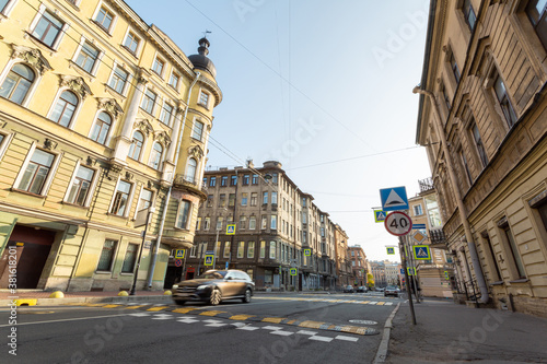 Saint Petersburg street view with moving car on a sunny day in early autumn.