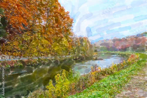 Watercolor illustration of Isar river nature in autumn time. Germany