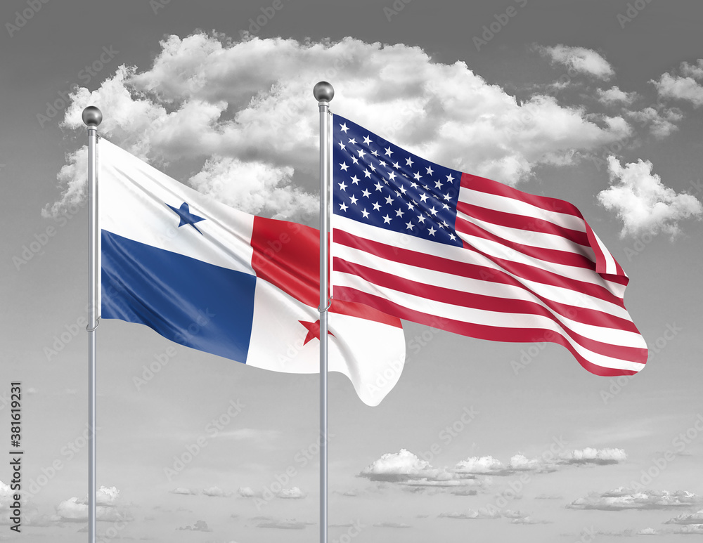 Two realistic flags. United States of America vs Panama. Thick colored silky flags of America and Panama. 3D illustration on sky background. - Illustration