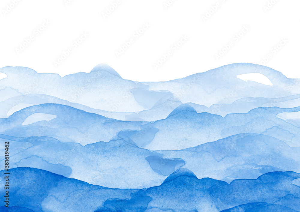 Watercolor line of blue paint, splash, smear, blot, abstraction. Used for a variety of design and decoration. Strokes of paint, lines, splash. Horizontal line,background. Blue sea, Hill, fog mountain