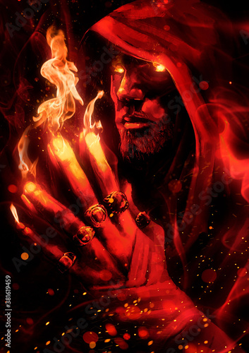 Dekoracja na wymiar  a-man-magician-with-bright-fiery-glowing-eyes-folded-his-hands-finger-to-finger-from-which-the-flame-is-streaming-he-looks-directly-at-the-viewer-2d-illustration