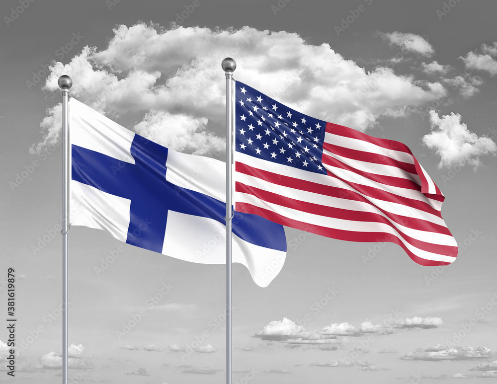 Two realistic flags. United States of America vs Finland. Thick colored silky flags of America and Finland. 3D illustration on sky background. - Illustration