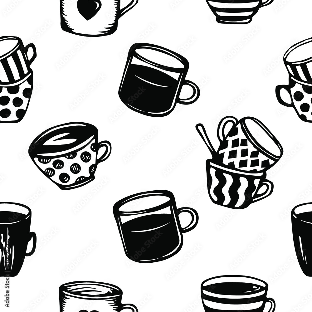 seamless pattern with mugs. hand drawn. black and white vector pattern. seamless pattern with mugs. hand drawn. black and white vector pattern.