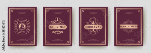 Christmas greeting cards set vintage design, ornate decoration symbols and winter holidays wishes vector illustration