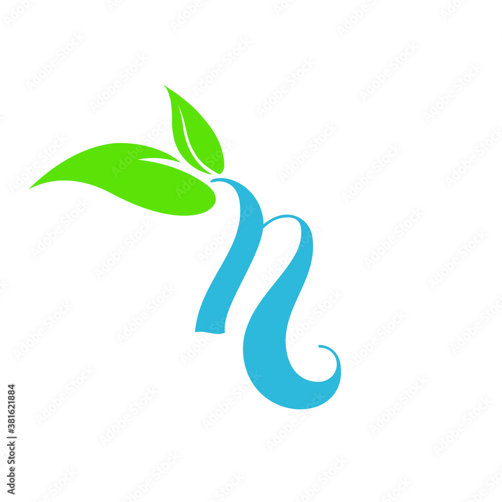 Letter n logo with leaves.Healthy, organic initial based sign in calligraphic style.Green and blue lettering icon with natural element isolated on light background. Letter n logo with leaves.Healthy, organic initial based sign in calligraphic style.Green and blue lettering icon with natural element isolated on light background.