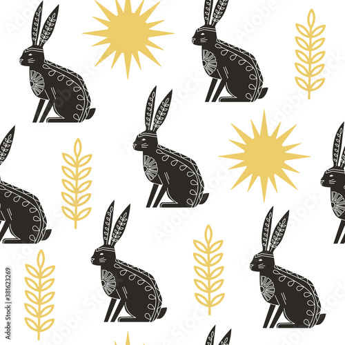 Abstract geometric seamless pattern with animals, hare, sun, wheat. Colourful background for fabric design print, textile, backdrops. Hand-drawn style vector illustration.