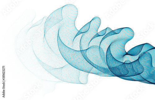 3d particles mesh array, transparent tulle textile on wind flowing. Round points vector effect illustration. Blended mesh, 3d calming tranquil wallpaper.