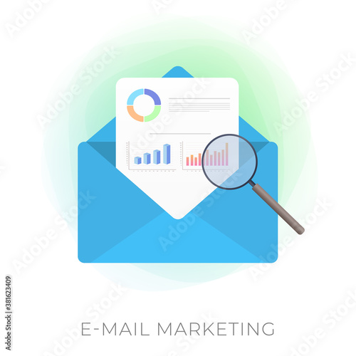 E-Mail Marketing modern vector icon. Inbound or Outbound Advertisement Business Strategy. An open mail envelope with a document on which charts, graphs and various statistics are located