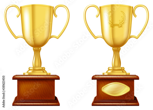 Gold trophy cup isolated on white background. Vector illustration.