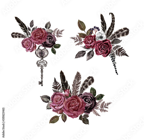 Watercolor dark red, burgundy, marsala and black roses floral bouquets and ar...