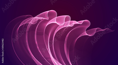 Dynamic magic particles wave flowing over dark, transparent tulle textile on wind. Dotted curves vector abstract background. Beautiful 3d wave shaped array of blended points.