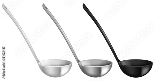 Set of stainless ladles isolated on white background. Vector illustration.