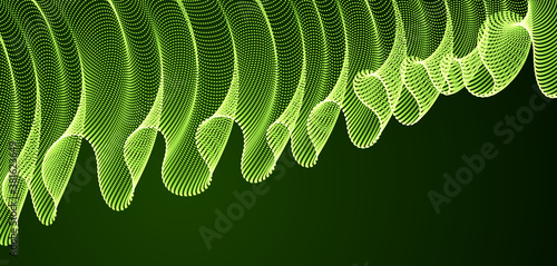 Dynamic magic particles wave flowing over dark, transparent tulle textile on wind. Dotted curves vector abstract background. Beautiful 3d wave shaped array of blended points.