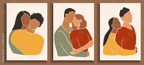 Set of abstract man and female shapes and silhouettes. Abstract couple portraits in pastel colors. Collection of contemporary art posters. Hugging people in love.