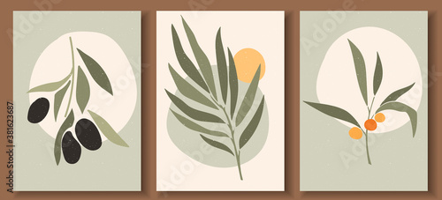 Collection of contemporary art posters in pastel colors. Abstract geometric elements and strokes, leaves and berries, olive, tangerine. Great design for social media, postcards, print.