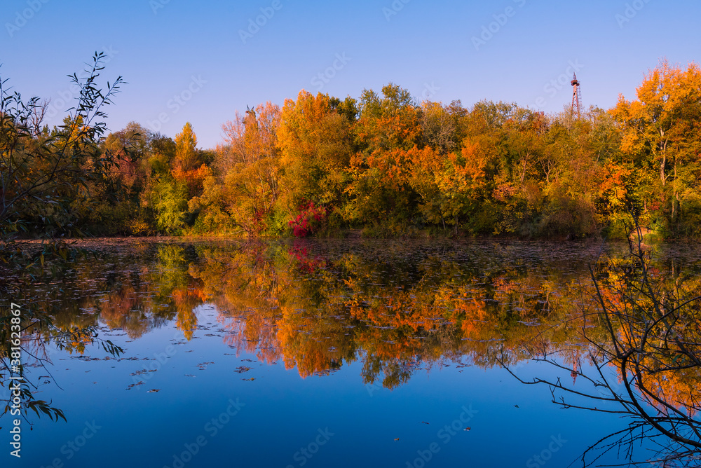 Colorful autumnal photo of a small lake, autumnal small lake with colorful trees in the background, reflections